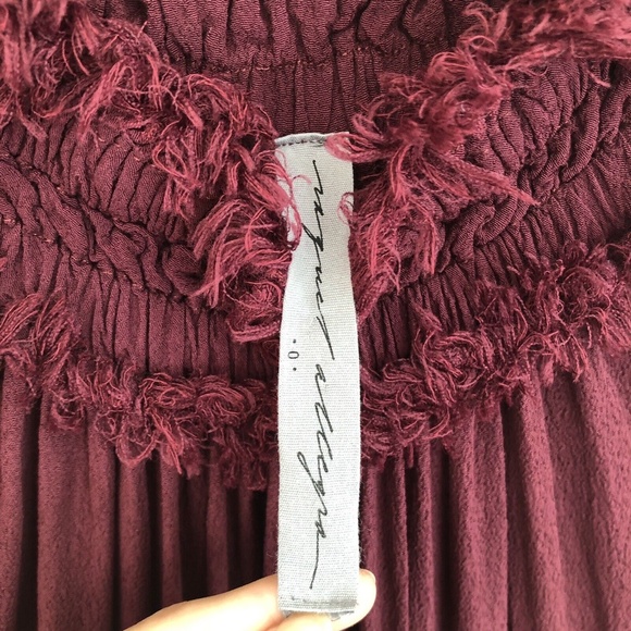 RAQUEL ALLEGRA Off Shoulder Shirred Tiered Midi Dress in Plum - Picture 8 of 9